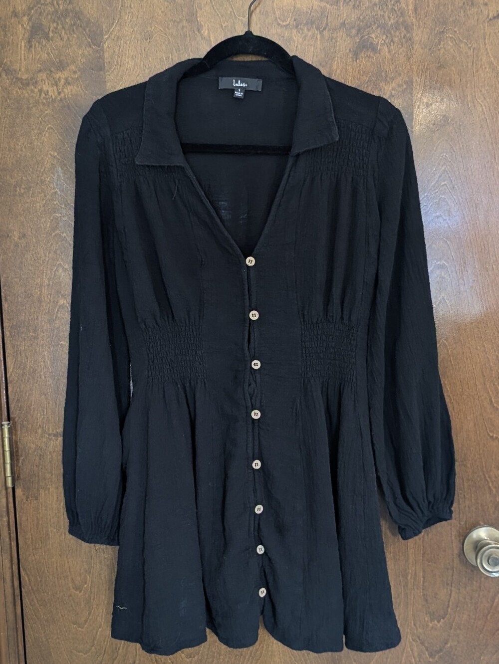 Lulu's Black Button-Front Smocked Waist Dress